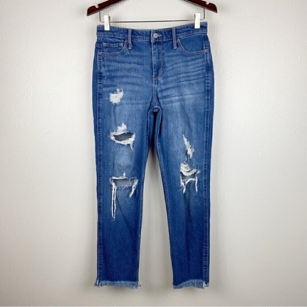 Hollister Distressed High Rise Mom Jeans Raw Hem Relaxed Tapered Leg Size 27